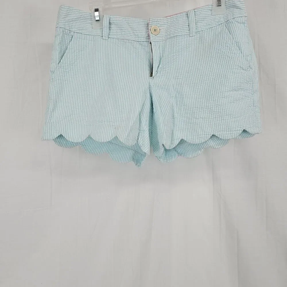 Lilly Pulitzer Womens 4 Buttercup Shorts Blue Stripe Seersucker Scalloped Hem